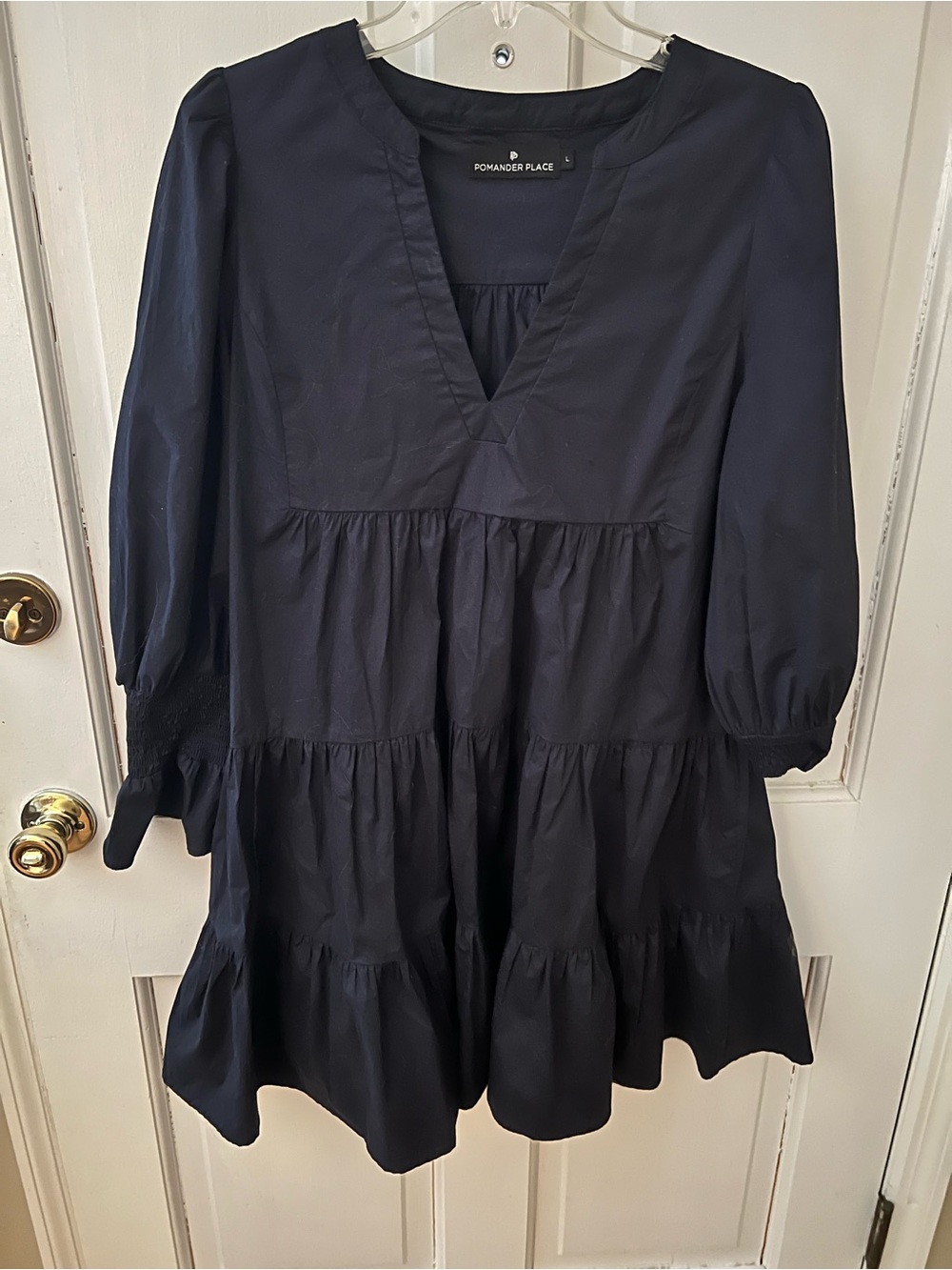Pomander Place Navy V-Neck Tiered Dress with Puff Sleeves